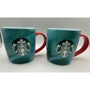 NEW Starbucks 2024 Holiday Teal Green Marble Red Handle‎ Siren Mug Set of 2 11oz